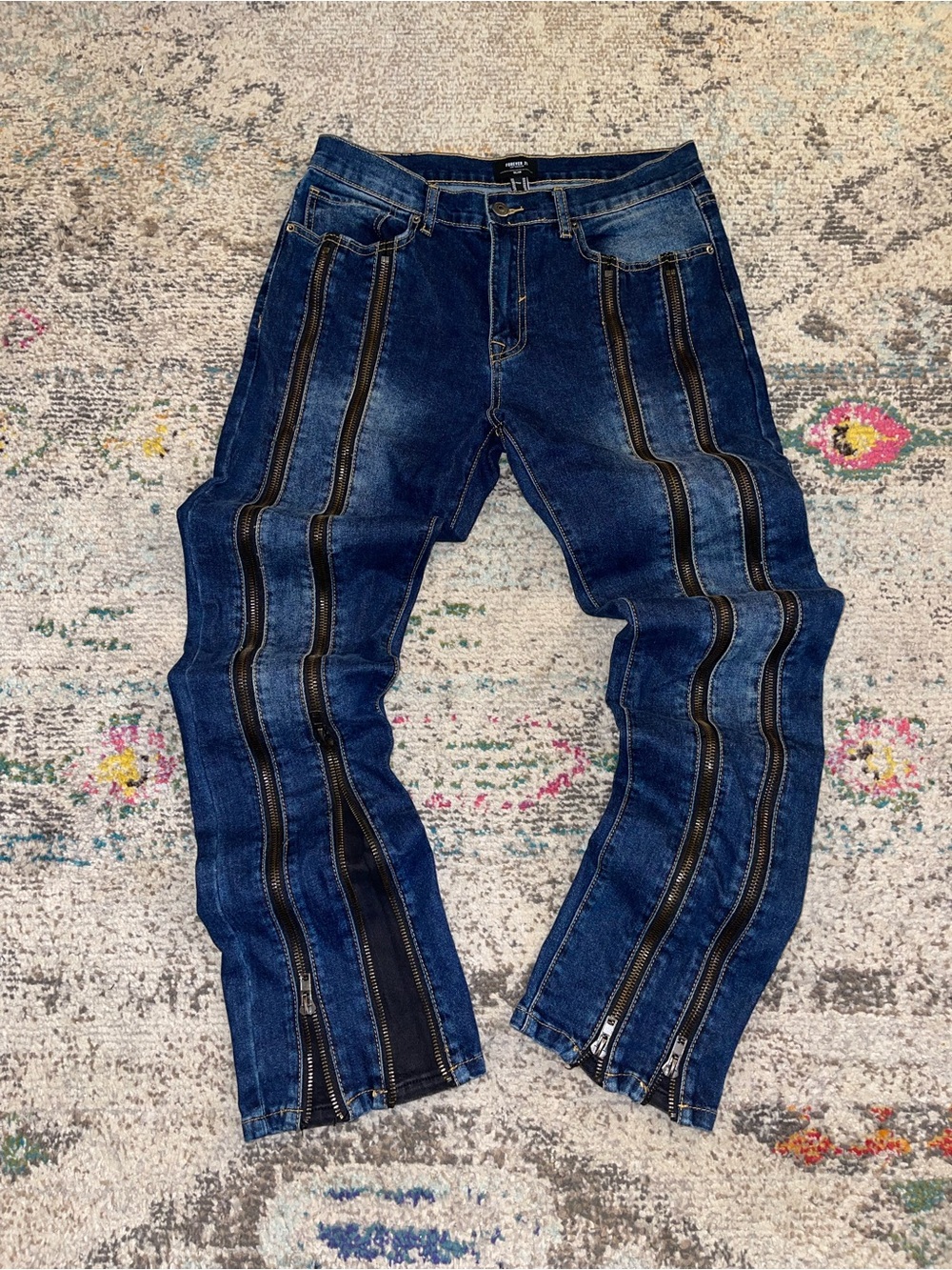Forever 21 Men's Dark Blue Bootcut Jeans with Black Zipper Panels
